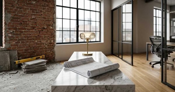 Office renovation with blueprints and exposed brick wall.