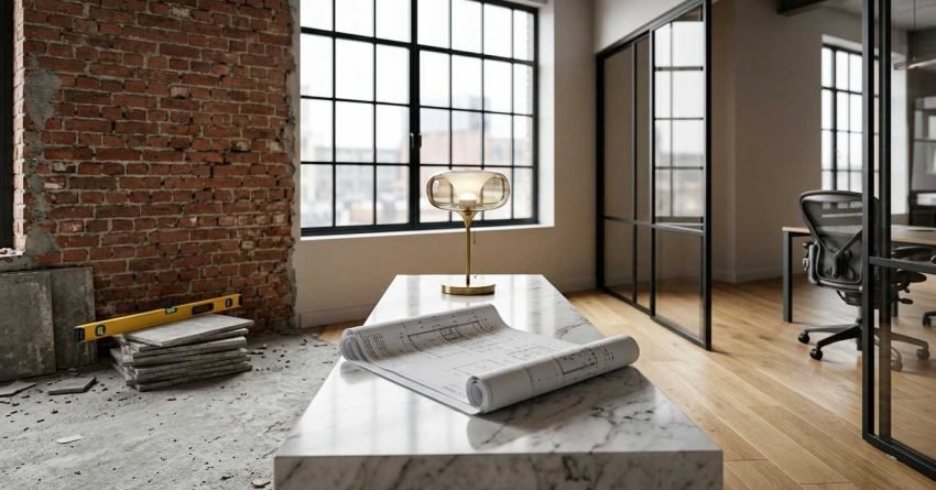 Office renovation with blueprints and exposed brick wall.
