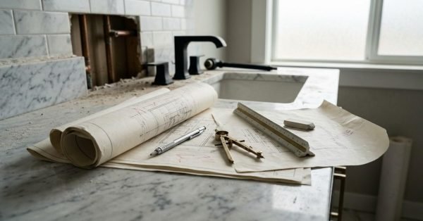 Renovation plans and measuring tools on a bathroom countertop beside an exposed plumbing wall during a bathroom remodel.