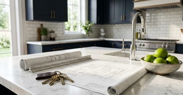 Kitchen remodeling blueprints with house keys, rolled plans, ruler, and modern kitchen design on a marble island, symbolizing permit planning and renovation preparation.