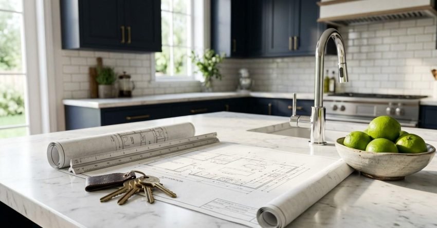 Kitchen remodeling blueprints with house keys, rolled plans, ruler, and modern kitchen design on a marble island, symbolizing permit planning and renovation preparation.