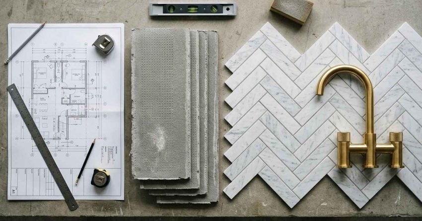 Bathroom renovation materials and planning layout.