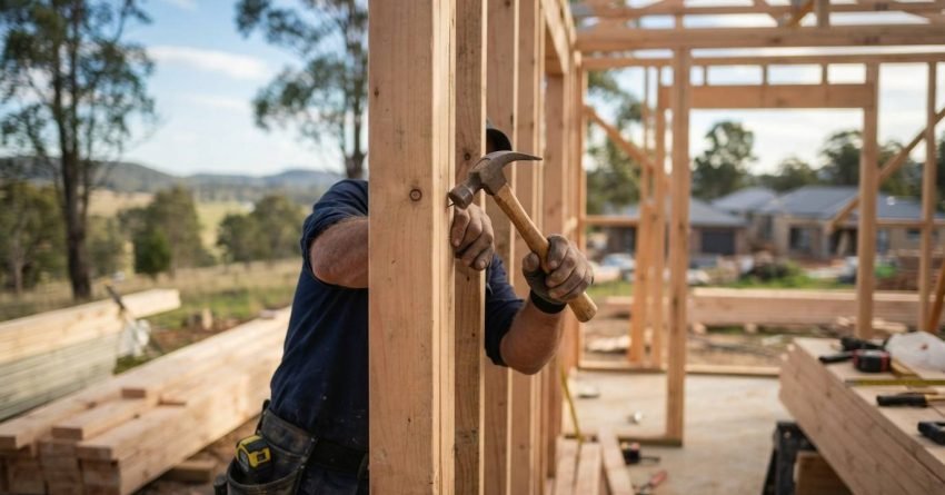 Builder framing a timber wall with a hammer at a residential construction site, illustrating owner-builder work during a new home project in NSW.