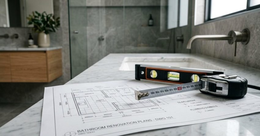Bathroom renovation plans, spirit level, and tape measure on a vanity countertop in a newly remodeled modern bathroom.