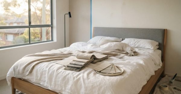 Bedroom renovation with fabric samples and paint swatches.