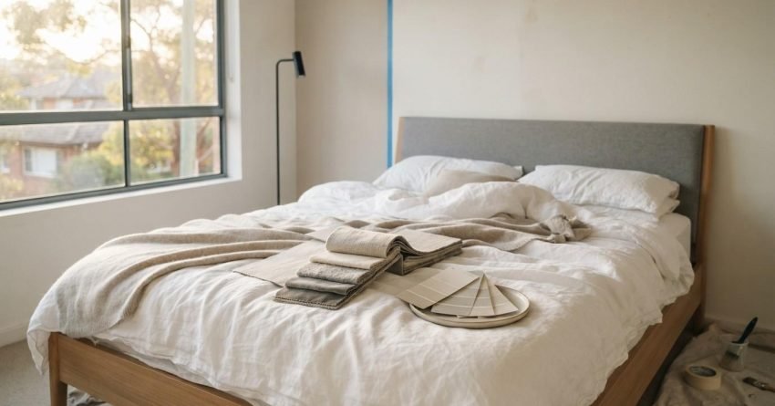 Bedroom renovation with fabric samples and paint swatches.