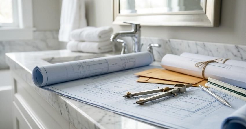Bathroom renovation blueprints and permit documents on a marble vanity.