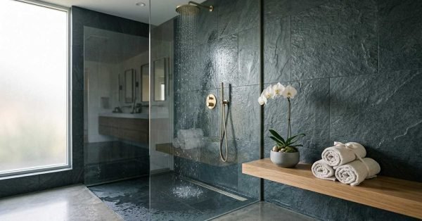 Modern walk-in shower with dark stone tiles, frameless glass enclosure, rainfall showerhead, and floating wooden shelf with towels.