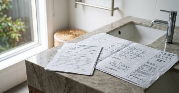 Bathroom permit documents and renovation blueprints on a vanity countertop.