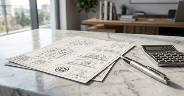 Building permit documents, calculator, and pen on a marble countertop.