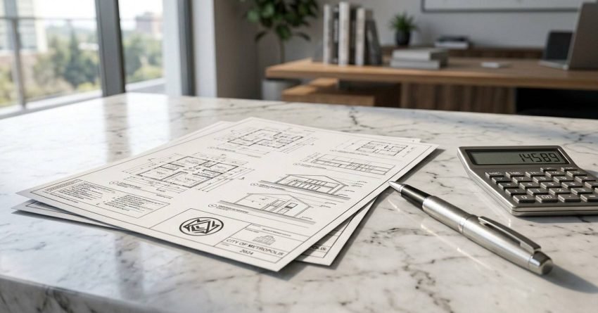 Building permit documents, calculator, and pen on a marble countertop.