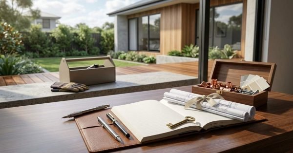 Open lined journal with pens, brass key, and ribbon-tied architectural blueprints on a leather desk mat next to a wooden organizer box with copper pipe fittings, screws, and paint swatches overlooking a landscaped backyard.