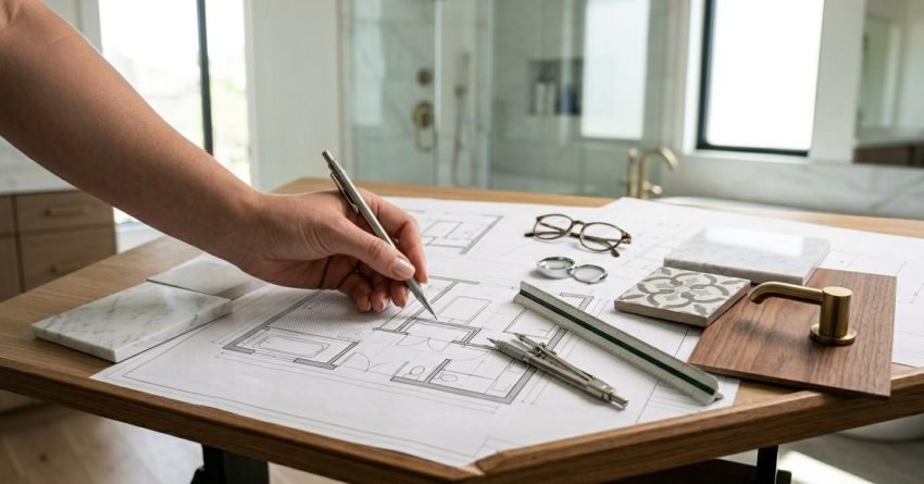 Designer reviewing bathroom floor plans with material samples, hardware selections, and layout measurements during renovation planning.