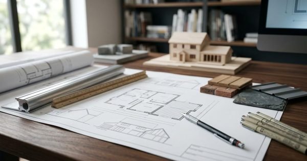 Architectural extension plans with house model, material samples, measuring tools, and construction drawings on a design workspace.