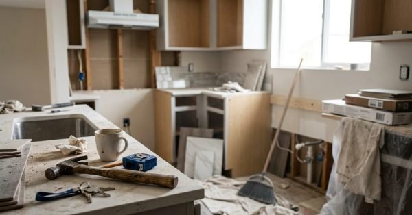 Kitchen renovation in progress with tools, unfinished cabinetry, construction materials, and active remodeling workspace.