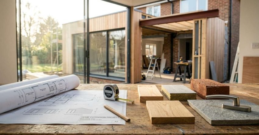 Home extension project plans, material samples, and measuring tools displayed in front of a modern residential extension under construction.