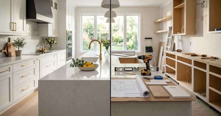 Alt text: Split-screen comparison showing a finished modern kitchen beside an in-progress kitchen renovation with exposed cabinetry and tools.