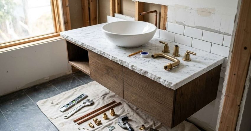 Bathroom vanity installation with vessel sink and marble countertop.