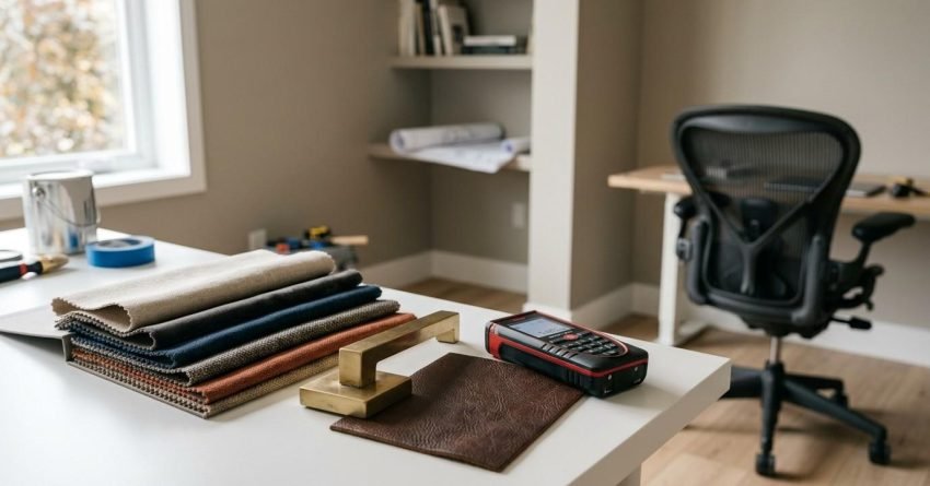 Office renovation materials, fabric samples, and measuring tools arranged on a desk in a modern workspace.