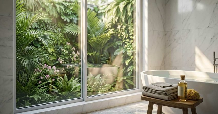 Luxury bathroom with a large privacy window overlooking lush greenery, creating a bright, spa-inspired atmosphere with natural light and garden views.