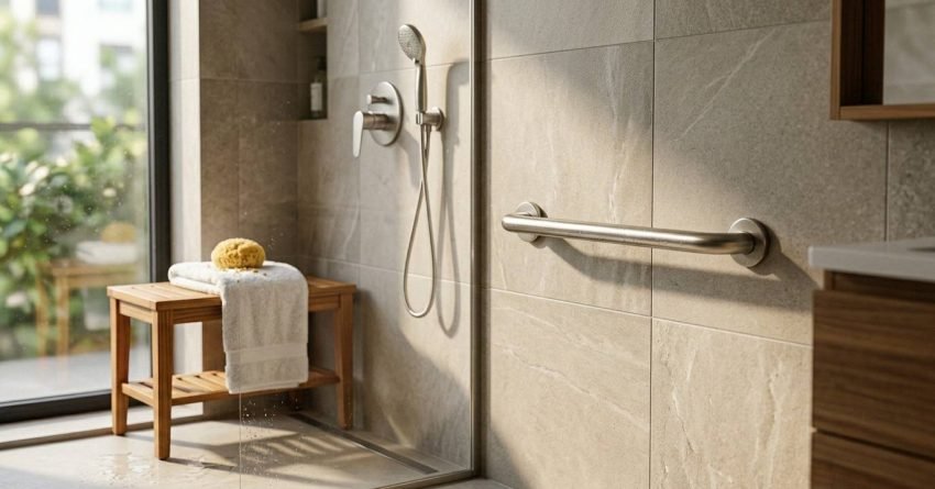 Accessible bathroom with walk-in shower and grab bar.