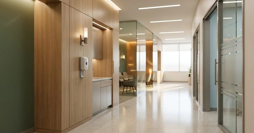 Modern medical clinic corridor featuring contemporary healthcare interior design, wood wall paneling, glass consultation rooms, integrated hand sanitizer station, polished flooring, warm ambient lighting, and a clean professional patient-centered environment.