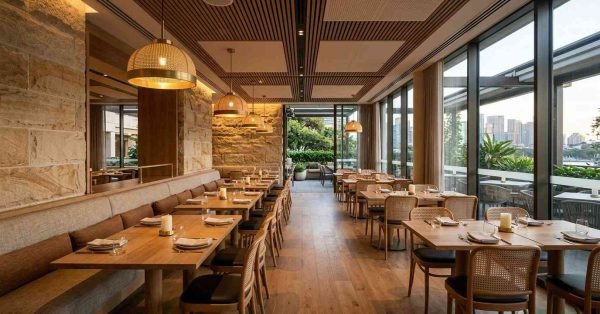 Modern restaurant interior featuring warm timber finishes, floor-to-ceiling windows, contemporary pendant lighting, elegant dining seating, and a sophisticated hospitality design.