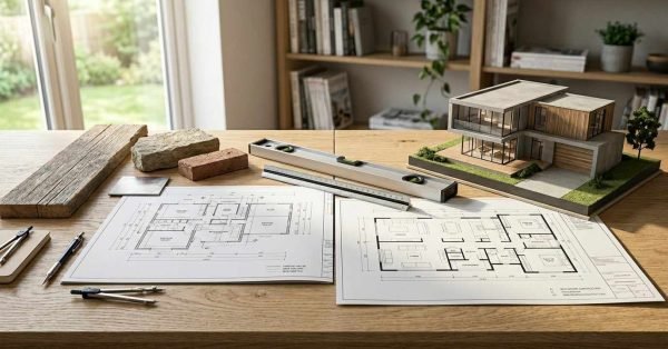 Home extension and knockdown rebuild planning with architectural drawings, building materials, measuring tools, and a modern house model.