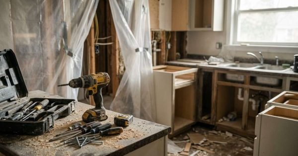 Kitchen under renovation with exposed walls, partially removed cabinets, and construction tools on a dusty countertop.