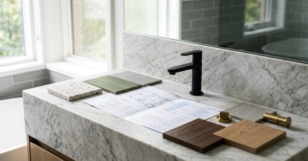 Bathroom remodel planning with vanity materials and design plans.