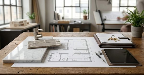 Bathroom renovation planning desk with design materials.