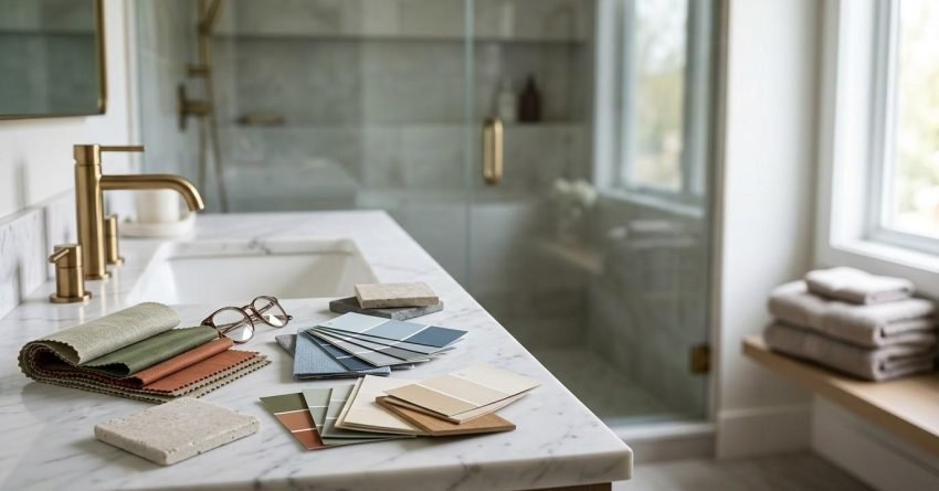 Bathroom color palette and material selection on vanity.