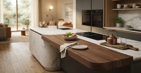 Modern renovated kitchen with a marble island, walnut breakfast bar, built-in appliances, and contemporary cabinetry in a bright open-plan living space.