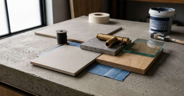 Bathroom renovation material selection with tile samples, wood finish, glass panel, and brass faucet fixture