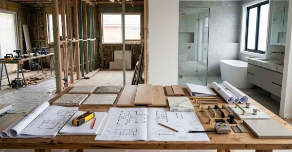 Home renovation planning workspace featuring architectural drawings, material samples, fixture selections, construction framing, and a luxury bathroom remodel in progress.