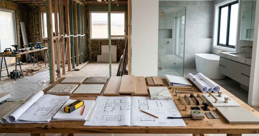 Home renovation planning workspace featuring architectural drawings, material samples, fixture selections, construction framing, and a luxury bathroom remodel in progress.