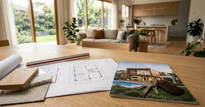 Home extension planning materials with floor plans, design samples, and house keys comparing renovation and relocation options.