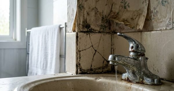 Mold-damaged bathroom with leaking faucet and cracked tiles.