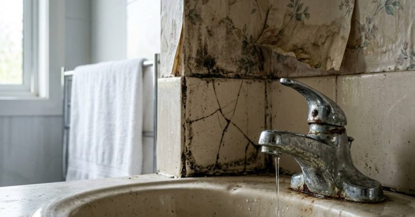Mold-damaged bathroom with leaking faucet and cracked tiles.