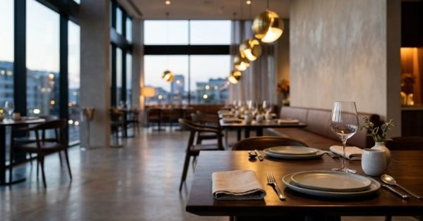 Modern restaurant interior with elegantly set dining tables and warm ambient lighting.