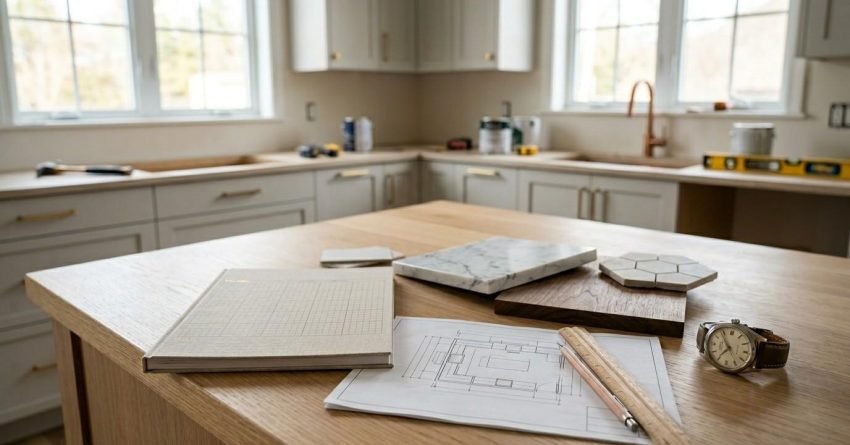 Kitchen renovation planning materials on an island countertop, including floor plans, samples, measuring tools, and a partially finished kitchen in the background.