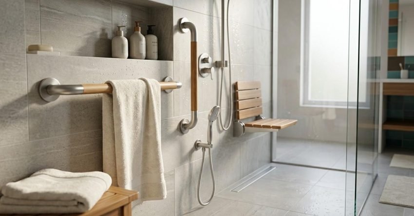 Accessible bathroom design with a curbless walk-in shower, grab bars, fold-down shower seat, handheld showerhead, and barrier-free layout for aging in place.