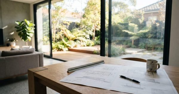 Architectural blueprints, ruler, pen, and coffee mug on a wooden table overlooking a modern rear garden extension through large glass doors.