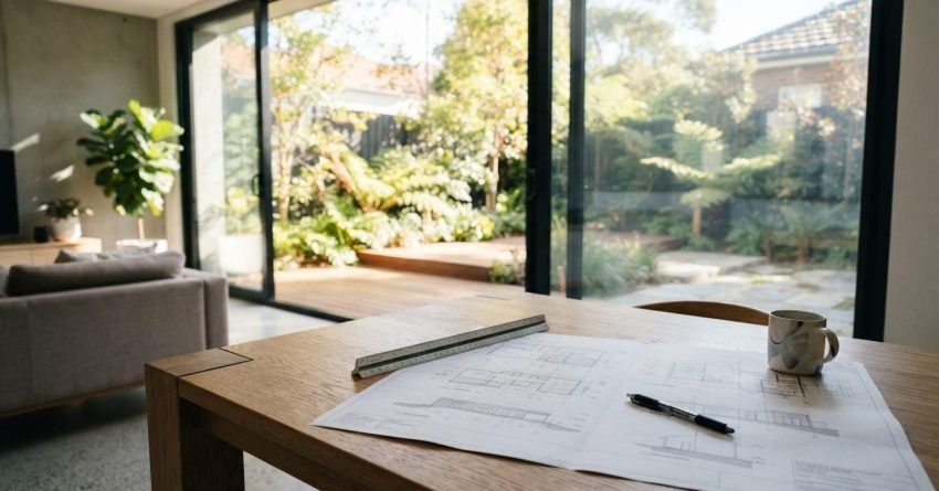 Architectural blueprints, ruler, pen, and coffee mug on a wooden table overlooking a modern rear garden extension through large glass doors.