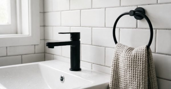 Modern bathroom sink with matte black faucet, white subway tile backsplash, and towel ring
