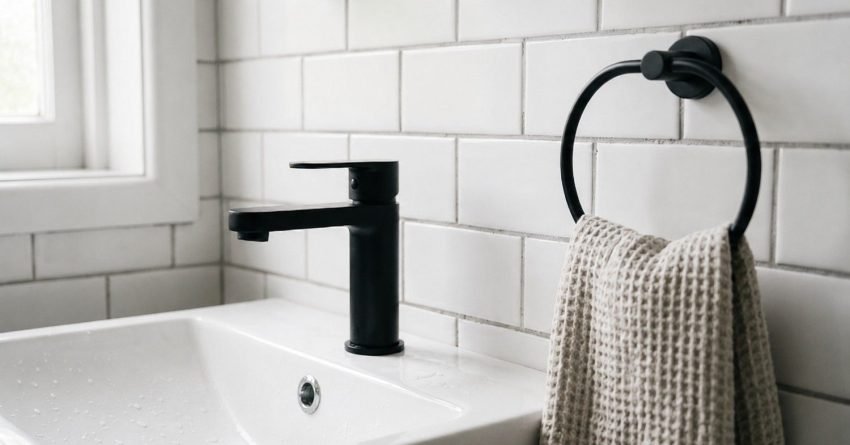 Modern bathroom sink with matte black faucet, white subway tile backsplash, and towel ring
