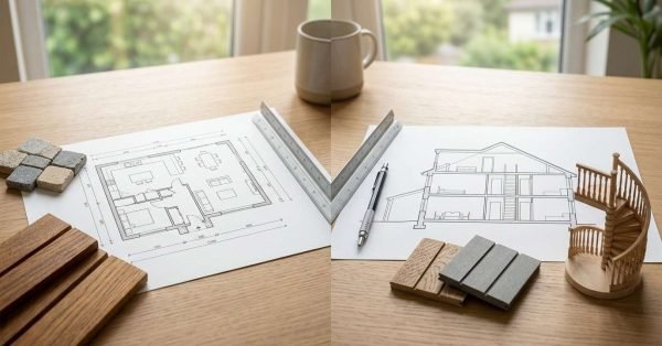Comparison of single-storey and double-storey home extension plans with material samples, architectural drawings, and design concepts.