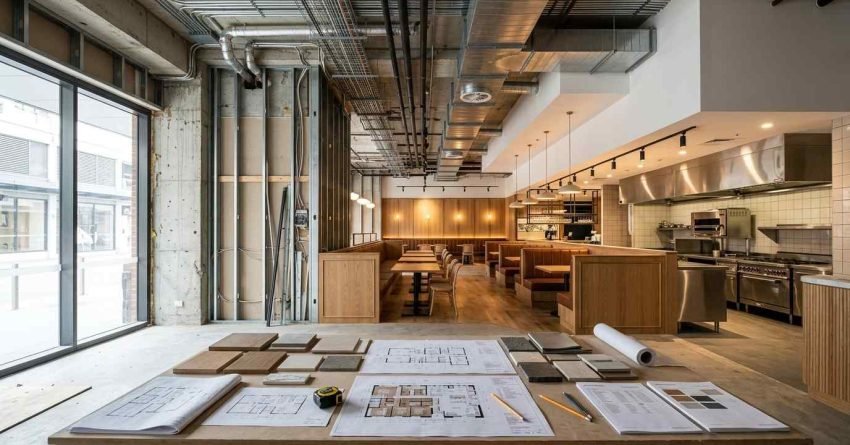 Restaurant renovation planning workspace featuring architectural drawings, material samples, commercial kitchen upgrades, custom booth seating, exposed services, and a modern hospitality fit-out in progress.