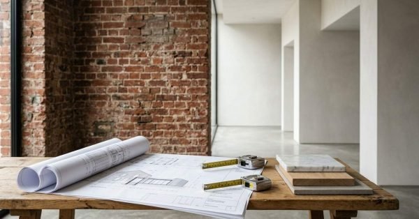 Architectural blueprints and material samples on a workbench in a renovation space.