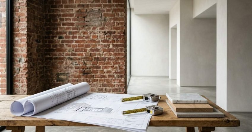 Architectural blueprints and material samples on a workbench in a renovation space.